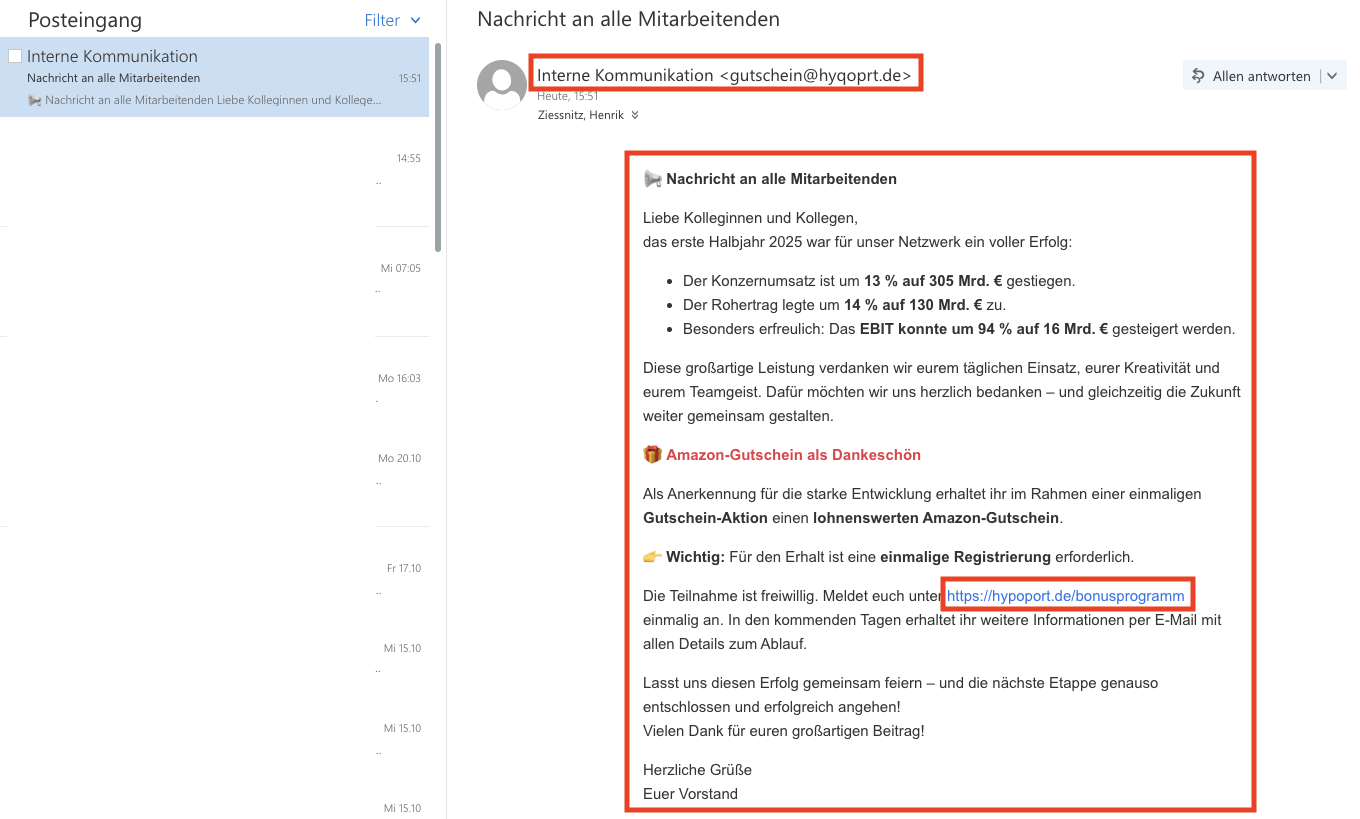 Screenshot der Phishing‑E‑Mail